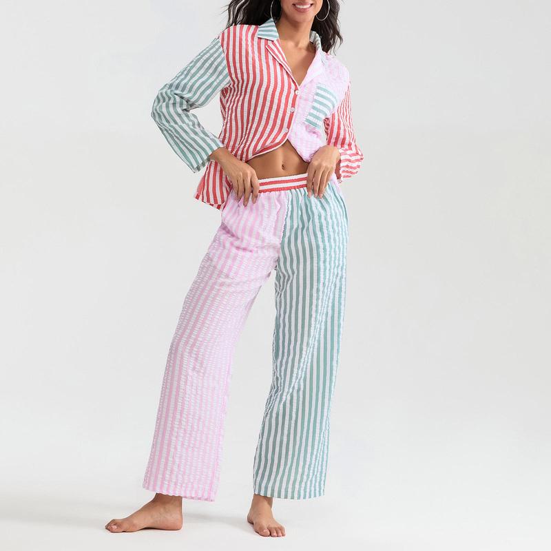 Women 2 Piece Christmas Striped Pajamas Lounge Set Y2k Long Sleeve Button Down Shirts Wide Leg Pants Sets Sleepwear Loungewear Pajama Set