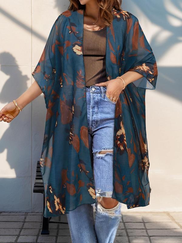 Plus Size Ethnic Pattern Asymmetrical Hem Kimono Cardigan, Boho Fashion Half Sleeve Open Front Outerwear for Summer, Women's Clothes for Daily Wear