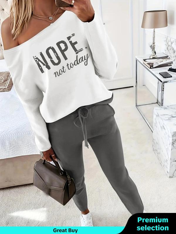 Women's Letter Print One Shoulder Sweatshirt & Drawstring Waist Sweatpants Two-piece Set, Casual Fashion Cozy Drop Shoulder Long Sleeve Pullover & Pocket Pants for Daily Wear, Ladies Fall & Winter Clothes