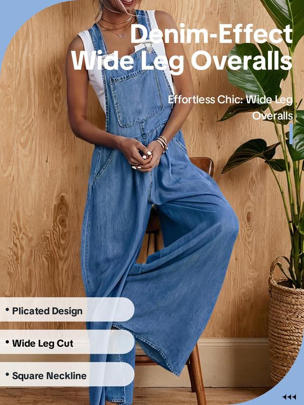 Women's Basic Denim-Effect Print Plicated Wide Leg Overalls Jumpsuit, Back To School Outfits, Lady Fashion Comfort Sleeveless Pocket Square Neck Overalls Jumpsuit, Strappy One-Piece Outfits, Womenswear, Preppy 80s Clothes