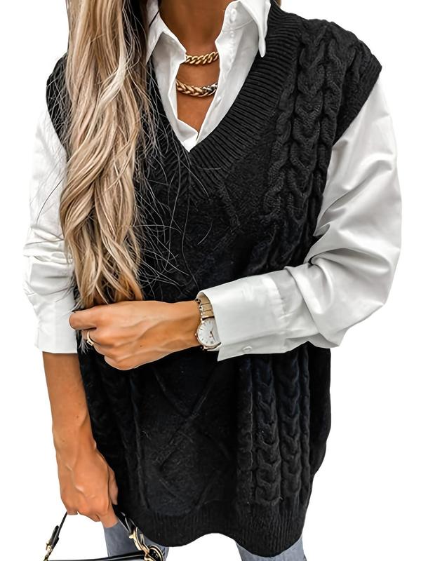 Women's Solid Textured V Neck Sweater Vest, Casual Preppy Cable Knit Pullover for Fall & Winter, Women's Knitwear for Daily Wear, Fall Outfits 2024 Womenswear Tops Comfort Basic Minimalist