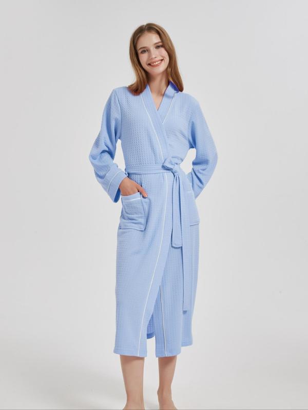 Women's Contrast Binding Belted Wrap Robe, Casual Long Sleeve Pocket Bathrobe, Ladies Sleepwear for All Seasons