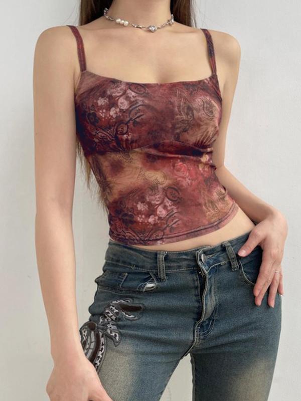 Women's Floral Print Backless Crop Cami Top, Summer Clothes Women, Boho Spaghetti Strap Cropped Top for Daily Outdoor Wear, Women's Clothing for Summer