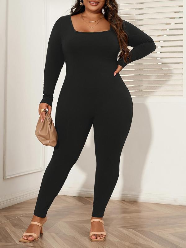 CURVZY Black Friday Deals Plus Size Solid Long Sleeve Square Neck Fall Aesthetic Skinny Jumpsuit, Casual Comfy One Piece Jumpsuit, Women's Plus Clothing for Daily Wear, Christmas 2024 Trend, Thanksgiving Clothes, Fall Clothes, Winter Clothes