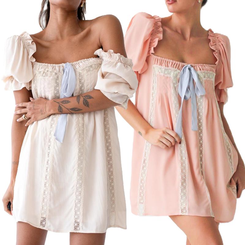 Women Y2k Nightgown Short Puff Sleeve Flowy Babydoll Dress Cute Square Neck Ruffle Dress Sleepwear