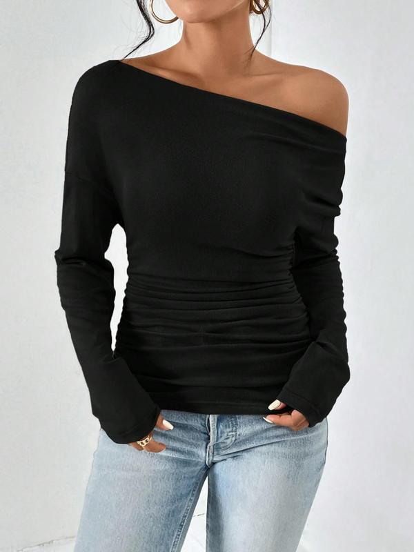 Women's Ruched One Shoulder Tee, Casual Drop Shoulder Long Sleeve T-shirt, Fall T Shirts for Women, Women's T Shirts, Women's Top for Dating Daily Wear