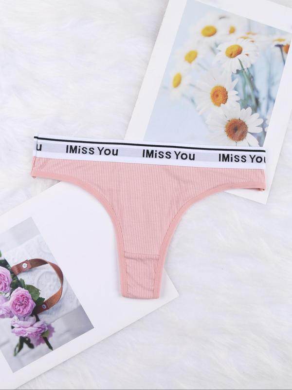 Women's 6pcs Letter Tape Low Waist Ribbed Thong, Soft Comfy Breathable Knicker for Daily Wear, Underwear for All Seasons