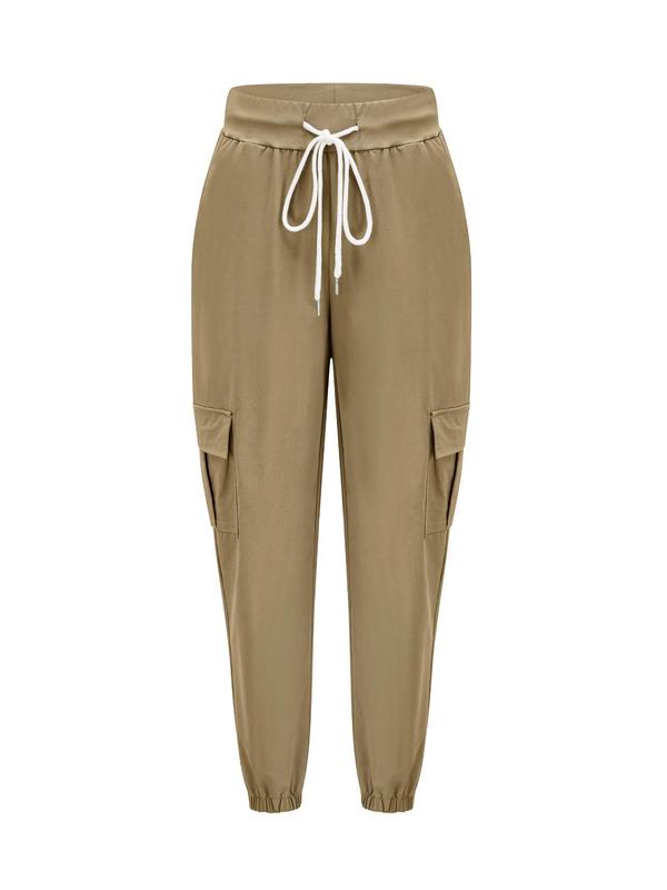 Women's Plain Drawstring Waist Cargo Pants, Casual Pocket Trousers for Daily Wear, Ladies Bottoms for All Seasons