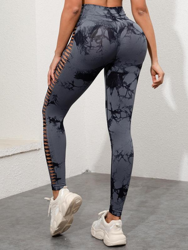 Women's Tie Dye Print Cut Out High Waist Leggings, Casual Fashion Skinny Pants for Daily Wear, Ladies Bottoms for All Seasons