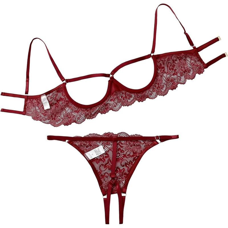 Sexy Underwire Floral Lace Sheer Lingerie Set for Women See Through Bra and Panty 2 Piece Underwear Womenswear