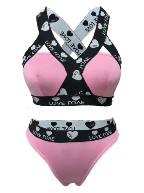  Heart & Letter Tape Criss Cross Bra & Panty Two-piece Set, Casual Comfy Breathable Two-piece Underwear Set for Daily Wear, Women's Underwear Set for All Seasons