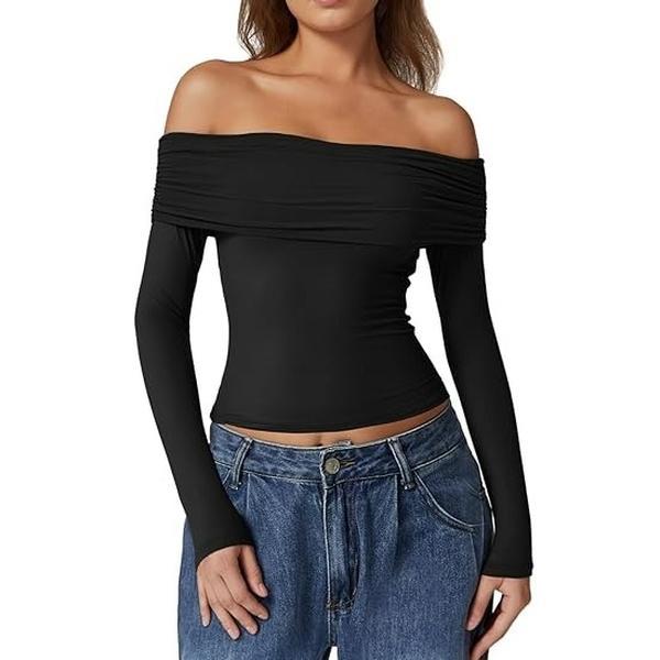 QINSEN Womens Off The Shoulder Tops Double Lined Long Sleeve T Shirts Slim Fitted Stretchy Crop Top Comfort Fabric