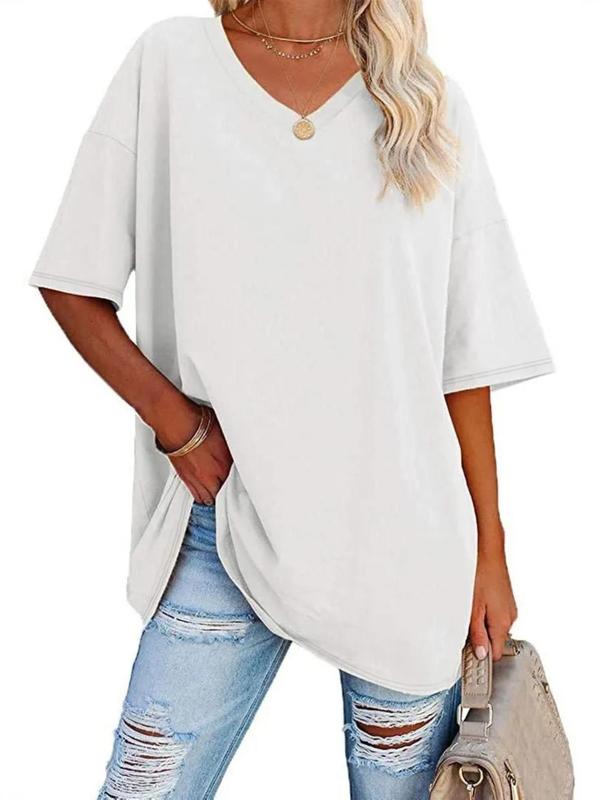  Solid Color Drop Shoulder Tee, Casual Half Sleeve V Neck T-shirt for Summer, Women's Clothing for Daily Wear