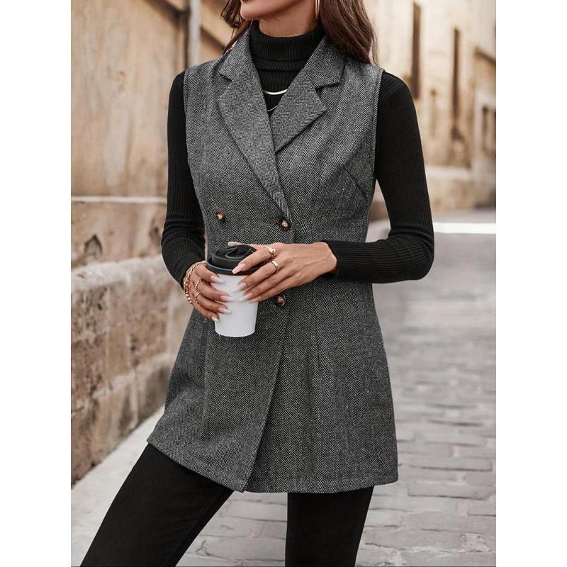 Women's All Over Herringbone Pattern Button Front Vest Blazer, Casual Lapel Neck Sleeveless Outerwear for Daily Wear, Ladies Clothes for All Seasons