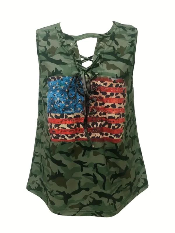 Women's Star & Camo Print Lace Up Tie Front Tank Top, Casual 2000s Y2K Sleeveless Top for Daily Wear, Ladies Clothes for All Seasons