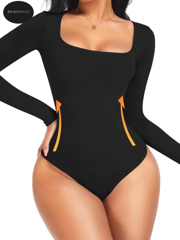 Women's Solid Square Neck Long Sleeve Shapewear Bodysuit, Fall Wear, Casual Comfy Tummy Control Butt Lift Shaper, Ladies Shapewear for Fall Womenswear Tops Basic faja  post