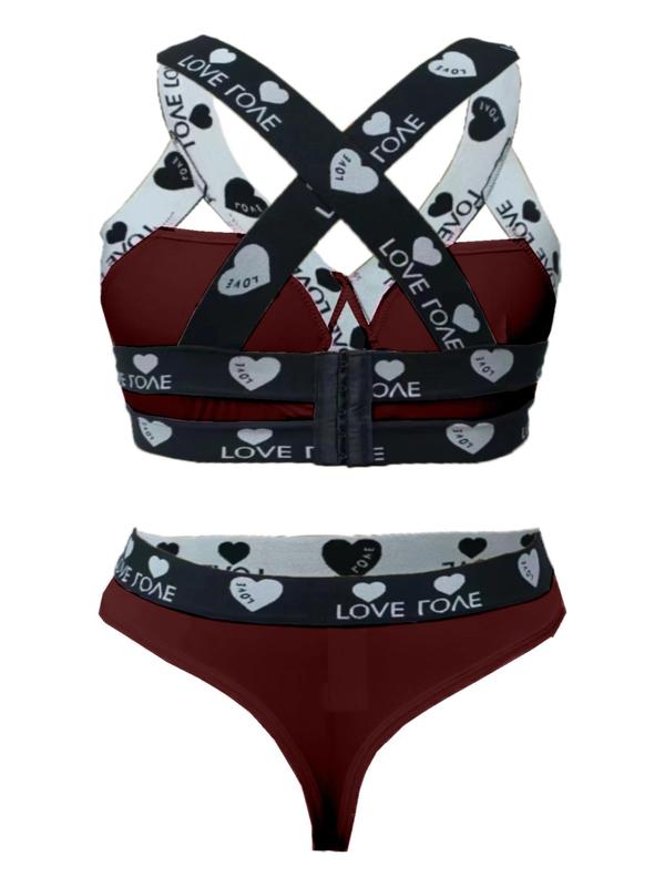  Heart & Letter Tape Criss Cross Bra & Panty Two-piece Set, Casual Comfy Breathable Two-piece Underwear Set for Daily Wear, Women's Underwear Set for All Seasons