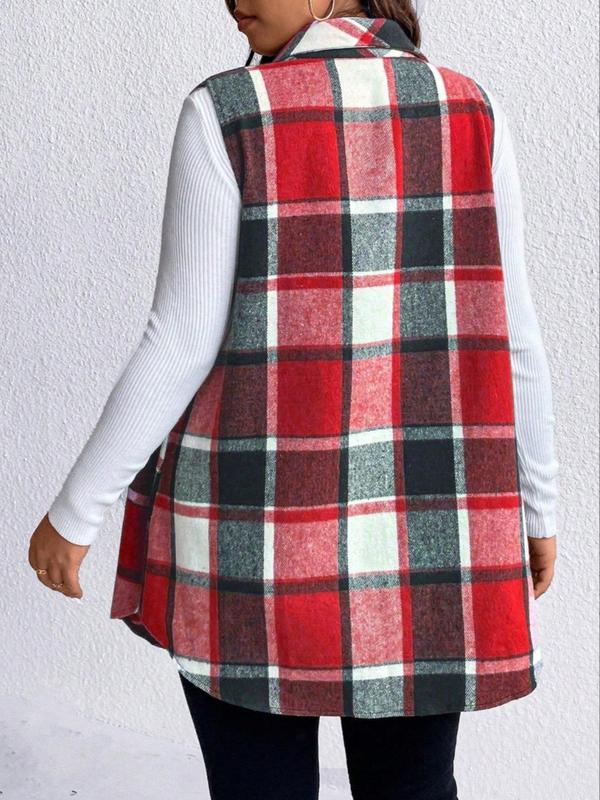  Plaid Print Button Front Pocket Vest Coat, Casual Sleeveless Collared Outerwear for Fall & Winter, Women's Clothes for Daily Wear