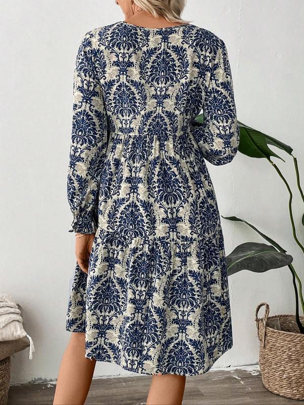 Women's Floral Print Ruffle Hem Smock Dress, Boho Fashion Long Sleeve Round Neck Knee Length Dress for Daily Holiday Vacation Wear, Ladies Dress for All Seasons