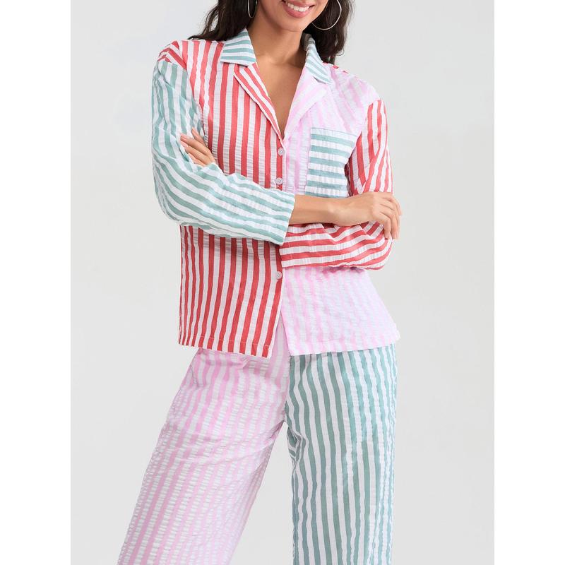 Women 2 Piece Christmas Striped Pajamas Lounge Set Y2k Long Sleeve Button Down Shirts Wide Leg Pants Sets Sleepwear Loungewear Pajama Set