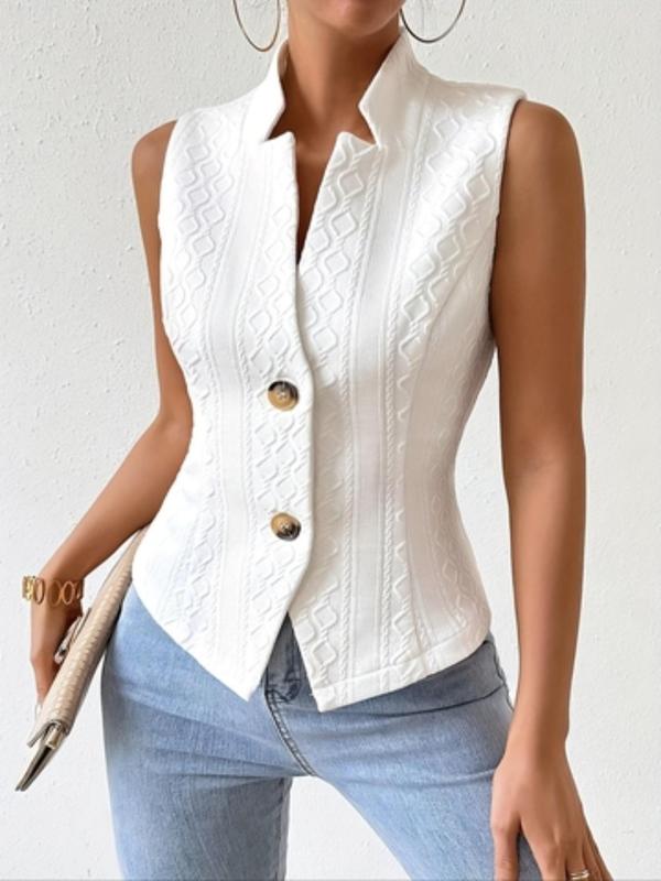 Women's Solid Textured Button Front Suit Vest, Casual Sleeveless Stand Collar Vest Jacket for Daily Wear, Ladies Clothes for All Seasons