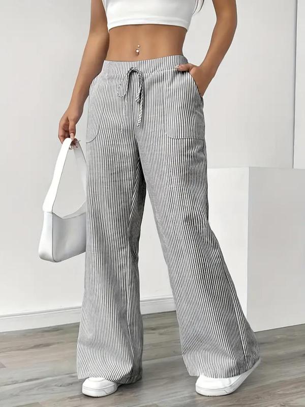 Women's Striped Print Drawstring Waist Wide Leg Pants, Casual Pocket Trousers for Fall & Winter, Women's Bottoms for Daily Wear