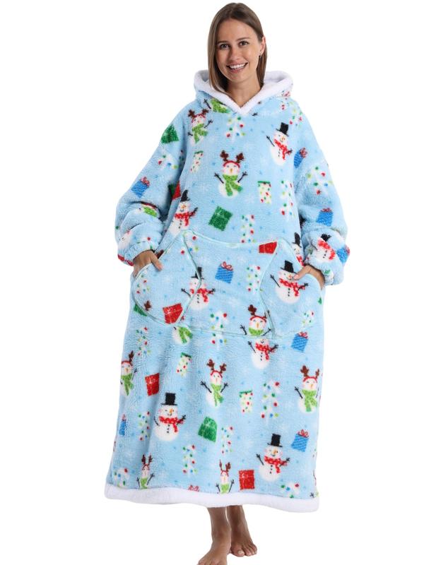 Women's Christmas Themed Print Drop Shoulder Flannel Hooded Dressing Gown, Casual Comfy Long Sleeve Pocket Thermal Lined Hooded Nightgown for Fall & Winter, Women's Sleepwear for Indoor Wear