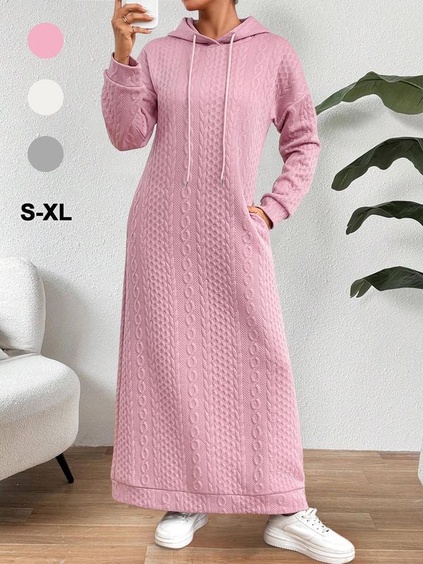 Women's Plain Textured Drawstring Pocket Hooded Dress, Casual Long Sleeve Drop Shoulder Long Dress for Fall & Winter, Dresses for Women, Lady Clothing for Daily Wear, Comfort Womenswear Casual Wear