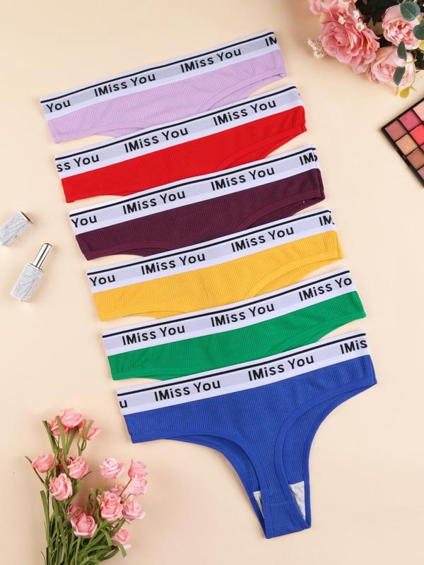 Women's 6pcs Letter Tape Low Waist Ribbed Thong, Soft Comfy Breathable Knicker for Daily Wear, Underwear for All Seasons