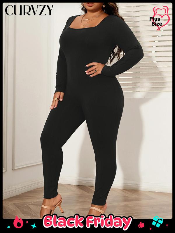 CURVZY Black Friday Deals Plus Size Solid Long Sleeve Square Neck Fall Aesthetic Skinny Jumpsuit, Casual Comfy One Piece Jumpsuit, Women's Plus Clothing for Daily Wear, Christmas 2024 Trend, Thanksgiving Clothes, Fall Clothes, Winter Clothes