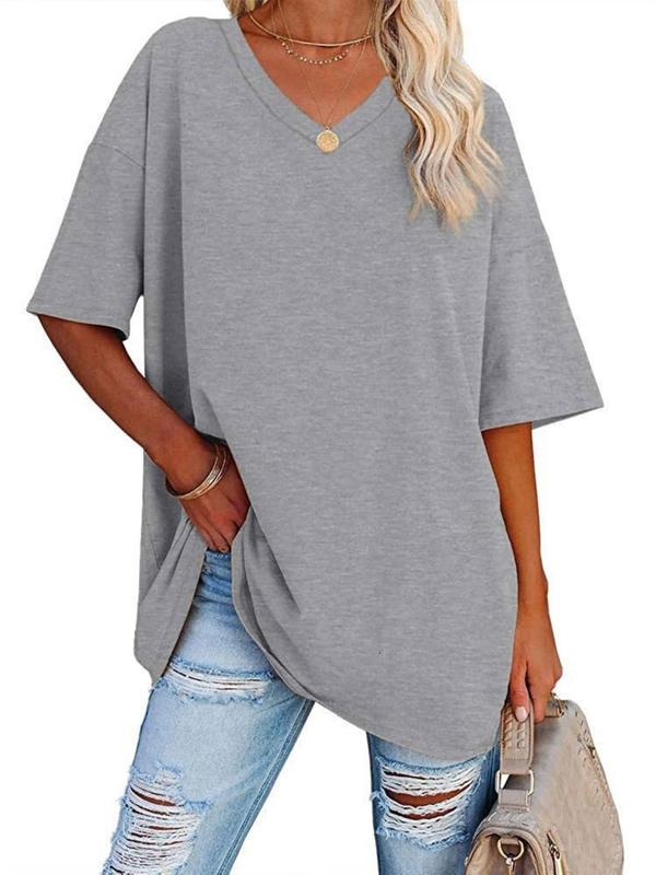  Solid Color Drop Shoulder Tee, Casual Half Sleeve V Neck T-shirt for Summer, Women's Clothing for Daily Wear