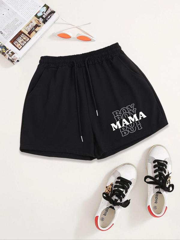 Women's Letter Print Drawstring Waist Shorts, Casual Pocket Elastic Waist Shorts for Summer, Ladies Bottoms for Daily Wear