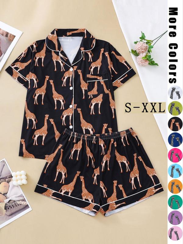 2 Pieces Women's Cartoon Giraffe Print Pyjama Set, Casual Button Front Lapel Shirt & Elastic Waist Shorts Loungewear Set, Women's Summer Sleepwear & Homewear, Pajama Set for Women, Pj Sets for Women, Summer Wear 2024, Co-ord Set for Women