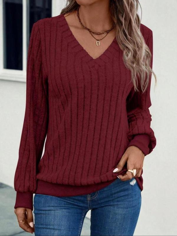 Women's Plain Long Sleeve Knit Top, Casual Solid V Neck Knitwear Top for Spring & Fall, Fashion Women's Knit Clothing for Daily Wear