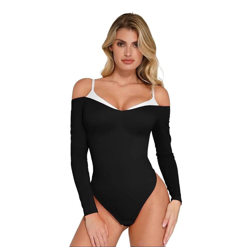 Popilush Long Sleeve Cold Shoulder Shapewear Bodysuit PSA