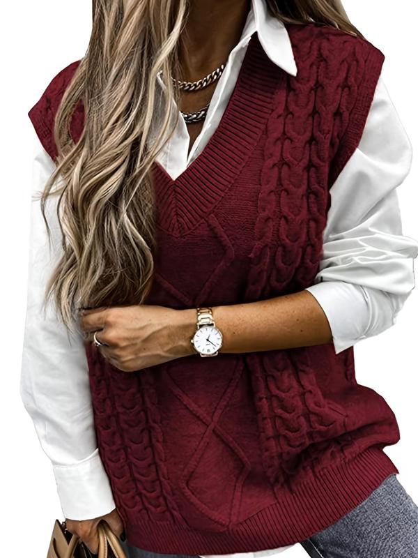 Women's Solid Textured V Neck Sweater Vest, Casual Preppy Cable Knit Pullover for Fall & Winter, Women's Knitwear for Daily Wear, Fall Outfits 2024 Womenswear Tops Comfort Basic Minimalist