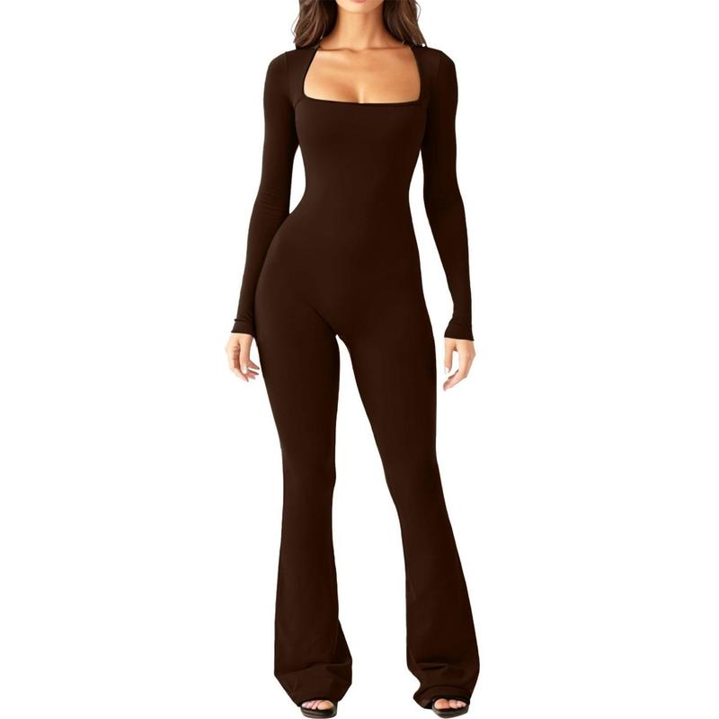 Women Long Sleeve Belly Waist Shaping And Hip Lift Square Collar Wide Leg High Elastic Jumpsuit Fabric Trouser