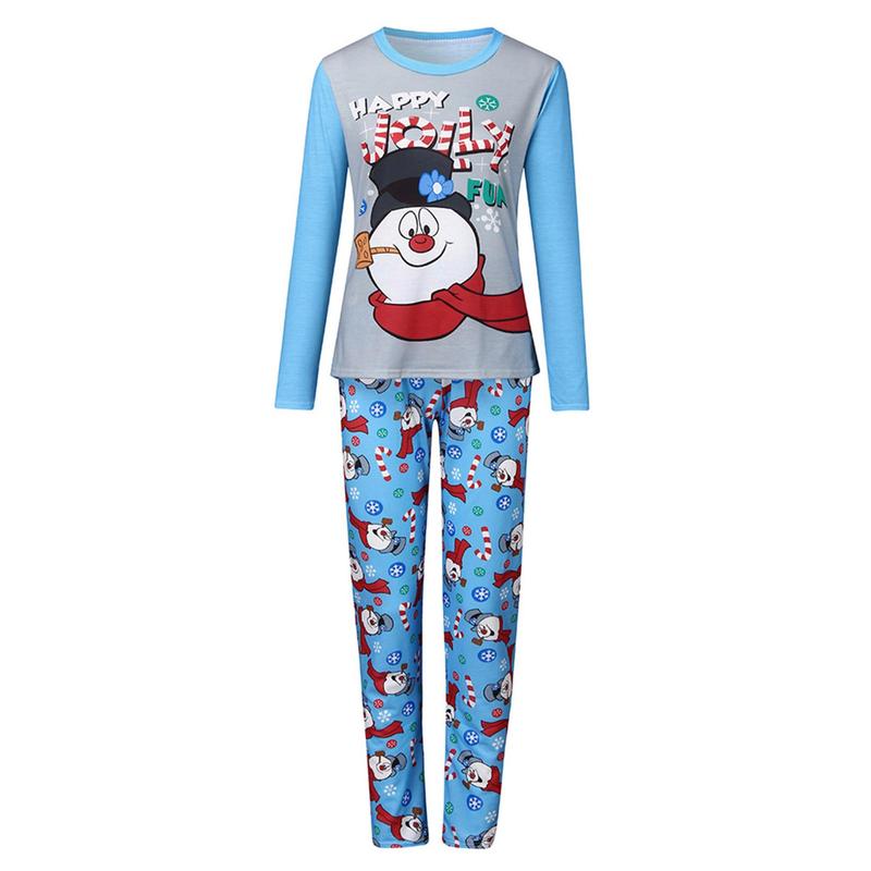 Blue Cartoon Snowman Pattern Matching Christmas Pajamas For Family, Long Sleeve Cartoon Snowman Pattern Christmas Pjs