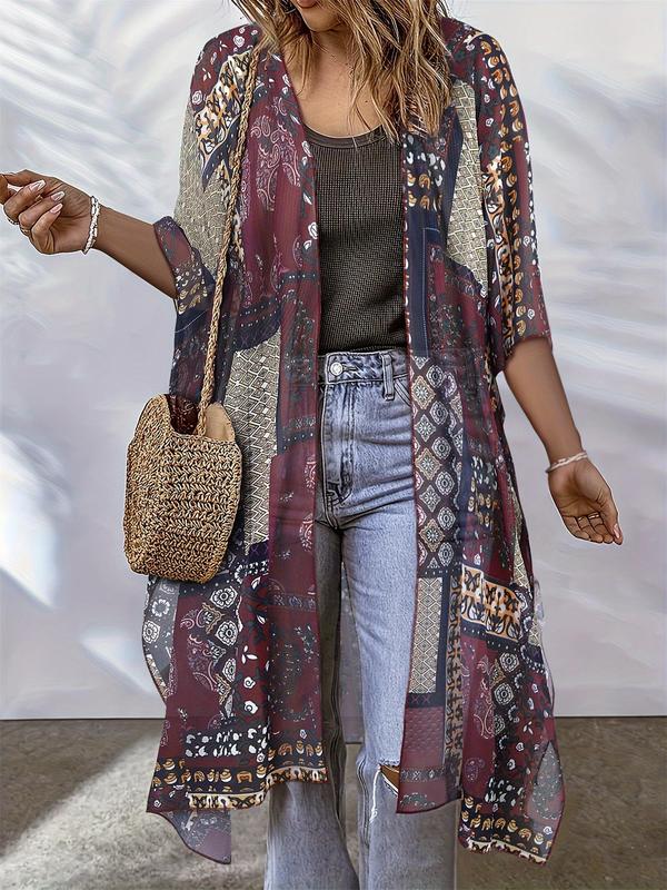 Plus Size Ethnic Pattern Asymmetrical Hem Kimono Cardigan, Boho Fashion Half Sleeve Open Front Outerwear for Summer, Women's Clothes for Daily Wear