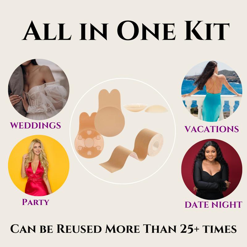 Divine Lift Kit - REUSABLE Sticky Bunny Bra with Boobtape and Reusable Silicone Nipple Covers - Breasts Coverage A-G Cup - Ultimate Breast Lift Set - Portable Travel Bag   Womenswear Seamless Women outfit enhancer Invisible Push-Up Skin Waterproof