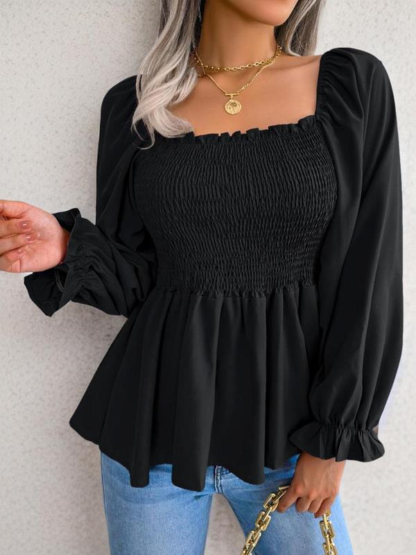  Women's Shirred Square Neck Chiffon Blouse, Chic Frill Trim Flounce Sleeve Peplum Top 2024 Fall, Back To School Going Out Tops, Comfort Ruffled Womenswear, Casual Outftit Ideas, Fall Outfits, Fallfreshness