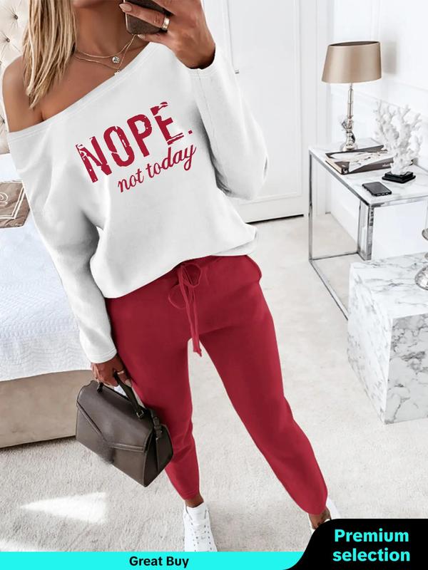 Women's Letter Print One Shoulder Sweatshirt & Drawstring Waist Sweatpants Two-piece Set, Casual Fashion Cozy Drop Shoulder Long Sleeve Pullover & Pocket Pants for Daily Wear, Ladies Fall & Winter Clothes