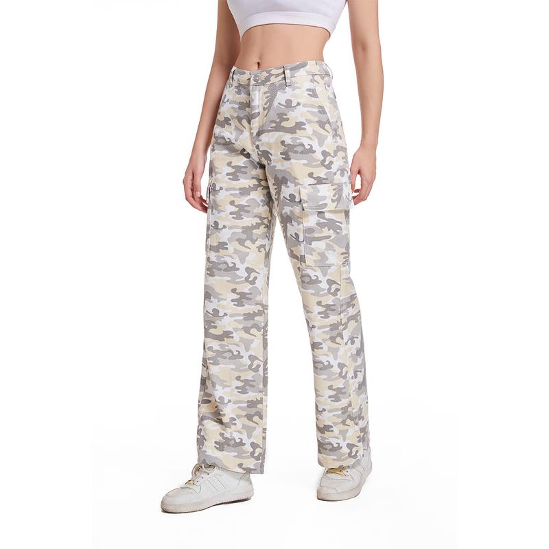 PINKYMOOR sports camouflage pants low waist wide leg pants workwear straight with pockets camouflage women's pants women's comfortable bottoms