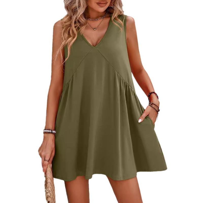 HS1673 Women's Summer V Neck Sleeveless Casual Loose Short Skirt - Flowy Holiday Dress boho  dress