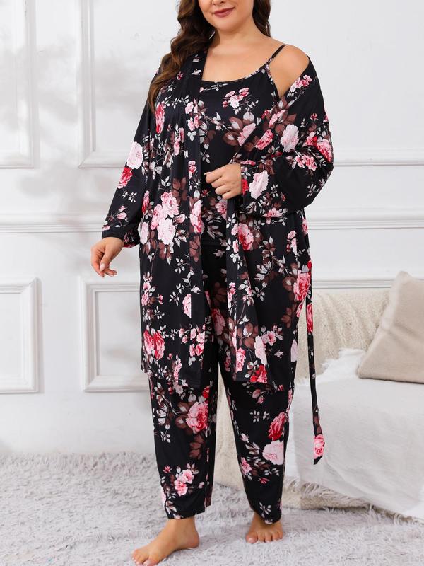  Three-Piece Set Floral Print Belted Lounge Robe & Cami Top & Elastic Waist Pants Pyjama Set, Elegant Comfy Drop Shoulder Long Sleeve Robe & Sleeveless Top & Bow Decor Trousers PJ Set, Women's Sleepwear for Spring & Fall