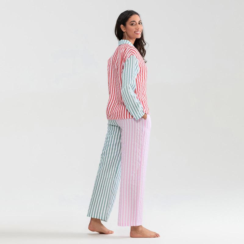 Women 2 Piece Christmas Striped Pajamas Lounge Set Y2k Long Sleeve Button Down Shirts Wide Leg Pants Sets Sleepwear Loungewear Pajama Set