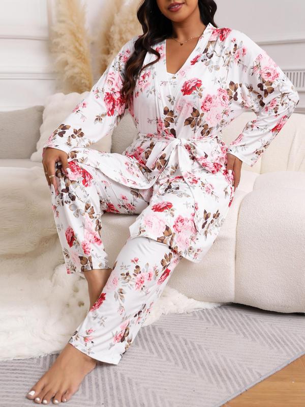  Three-Piece Set Floral Print Belted Lounge Robe & Cami Top & Elastic Waist Pants Pyjama Set, Elegant Comfy Drop Shoulder Long Sleeve Robe & Sleeveless Top & Bow Decor Trousers PJ Set, Women's Sleepwear for Spring & Fall