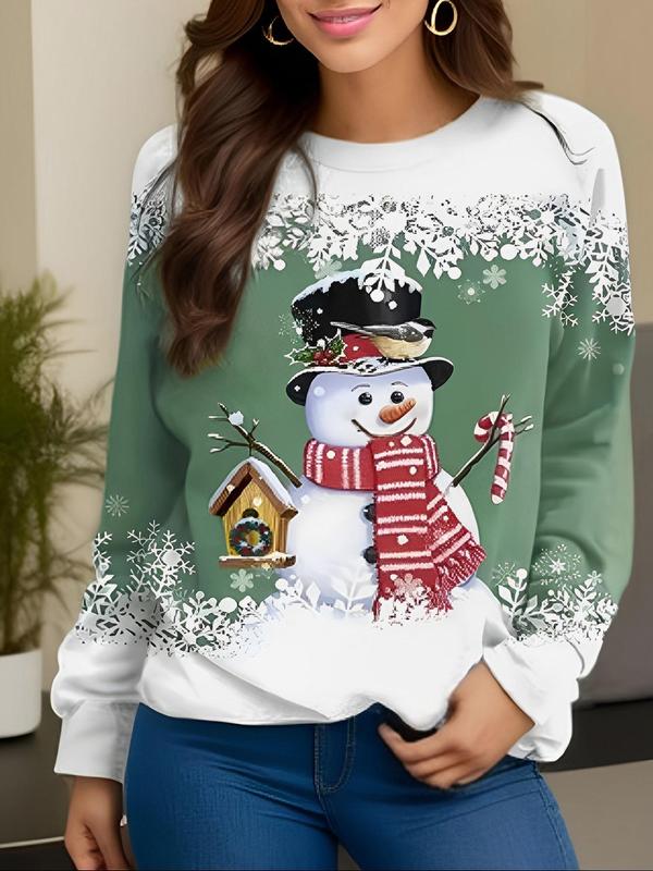  Cartoon Snowman Print Round Neck Sweatshirt, 1 Count Casual Long Sleeve Crew Neck Pullover for Daily Wear, Women's Plus Clothing for Fall & Winter