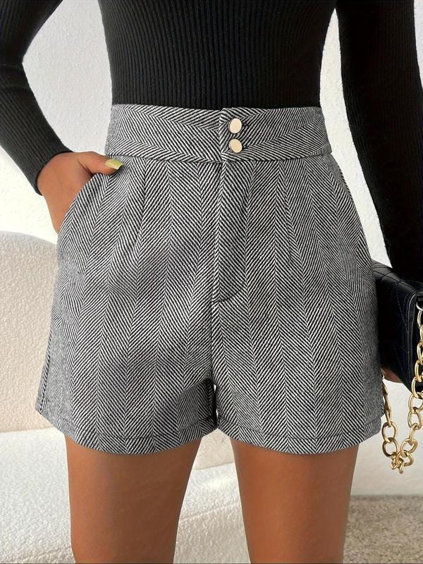 Women's Striped Print High Waist Shorts, Elegant Double Button Pocket Shorts for Daily Wear, Ladies Bottoms for All Seasons