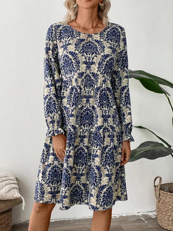 Women's Floral Print Ruffle Hem Smock Dress, Boho Fashion Long Sleeve Round Neck Knee Length Dress for Daily Holiday Vacation Wear, Ladies Dress for All Seasons